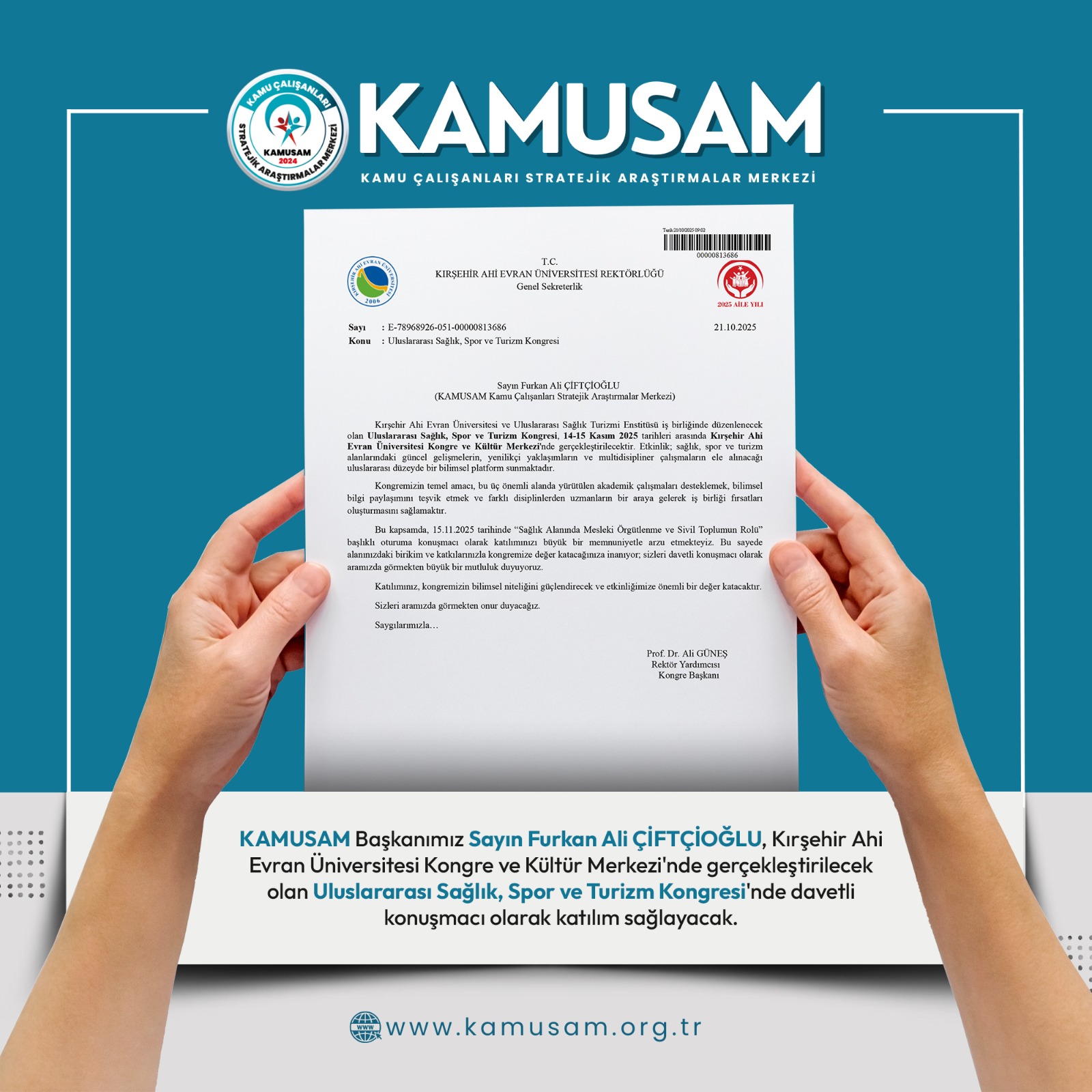 KAMUSAM BAŞKANI FURKAN ALİ ÇİFTÇİOĞLU, ULUSLARARASI SAĞLIK, SPOR VE TURİZM KONGRESİ’NE DAVETLİ KONUŞMACI OLARAK KATILACAK